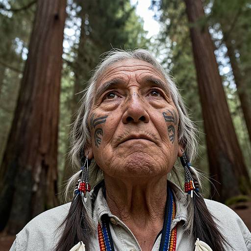 Close-up photograph of an elderly Native American man with gray hair, tribal face paint, and beaded earrings, standing in a forest.
