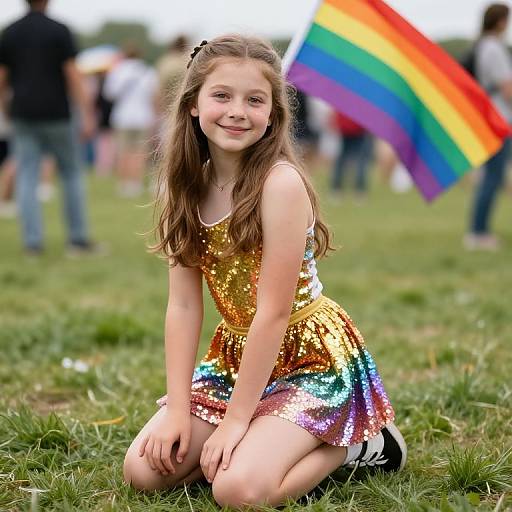 Photograph of a smiling young girl with long brown hair, kneeling on grass in a sparkly gold and rainbow dress, beside a waving rainbow flag at