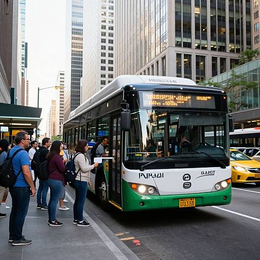 Photograph of a busy city street with a green-and-white NJ Transit bus, passengers boarding, tall buildings in background, and a yellow taxi on the