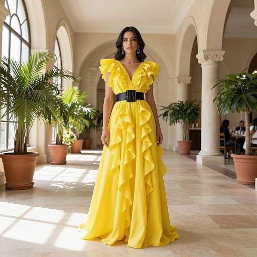 Photograph of a smiling Black woman in a vibrant yellow, ruffled, V-neck gown with a black belt, standing in a sunlit, ar