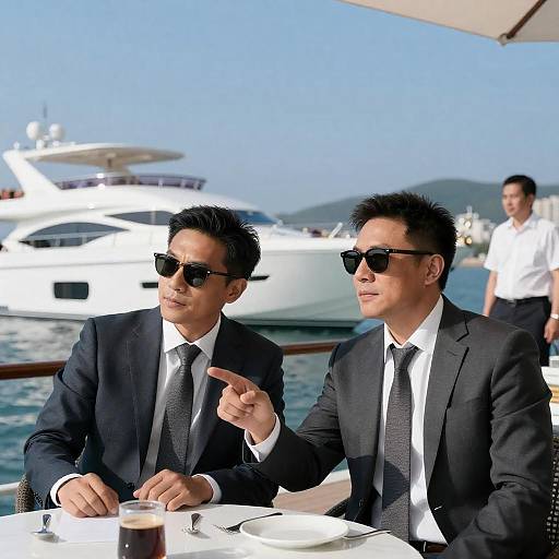 Businessmen in Suits by Waterfront with Yacht