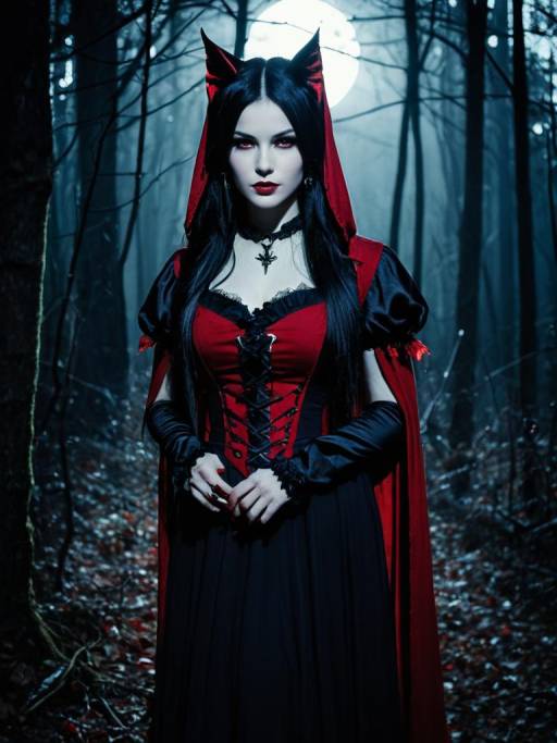 Woman in Dark Vampire Cosplay in Moonlit Forest