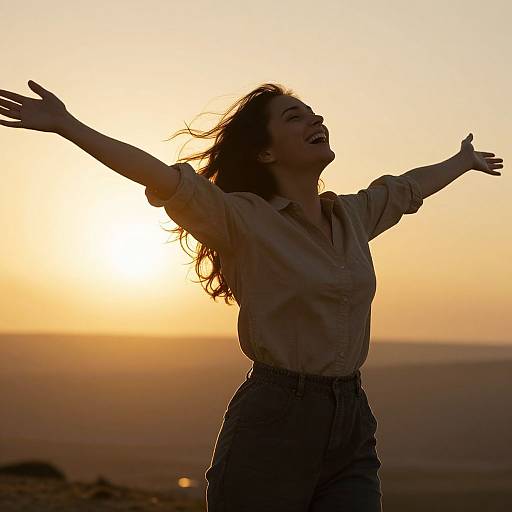 Photograph of a smiling woman with long hair, wearing a beige blouse and high-waisted pants, arms outstretched, silhouetted