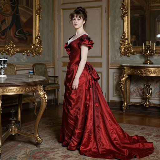 Photograph of a fair-skinned woman in a rich red, off-the-shoulder, Victorian-style gown with floral embroidery, standing in an op