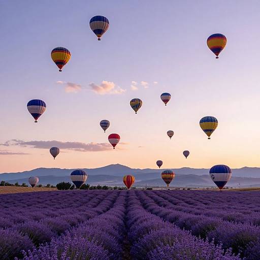 Photograph of a lavender field at sunset with numerous colorful hot air balloons floating above, set against a mountainous horizon.