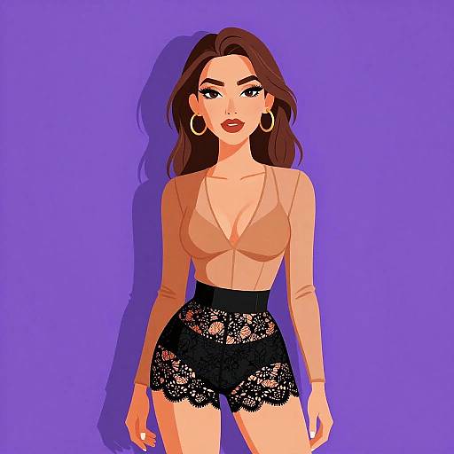 Digital illustration of a confident woman with long brown hair, hoop earrings, beige top, and black lace shorts, standing against a solid purple background.
