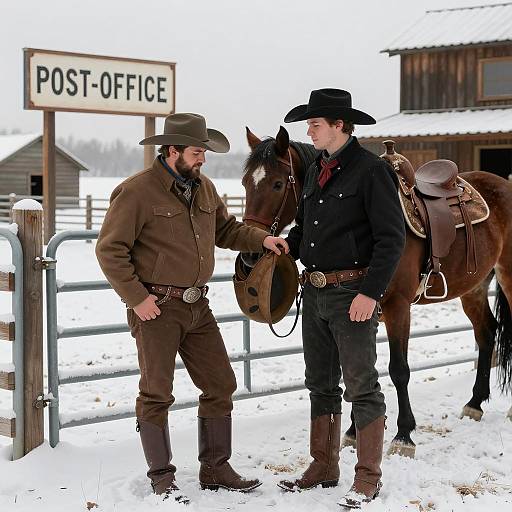 Two Cowboys in Snowy Ranch with Horse