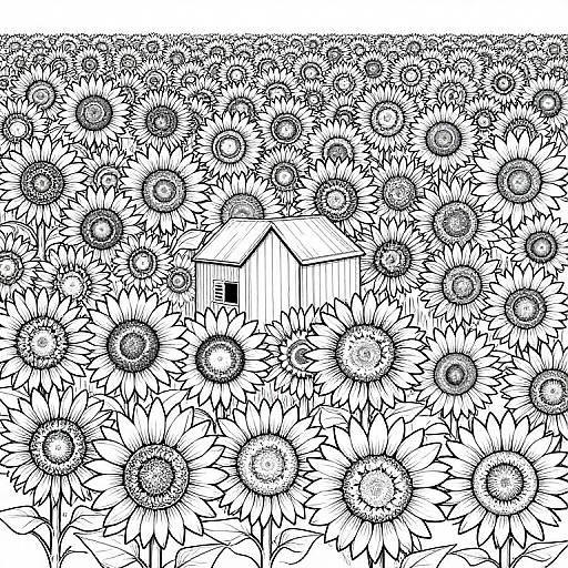 Black and White Sunflower Field Drawing