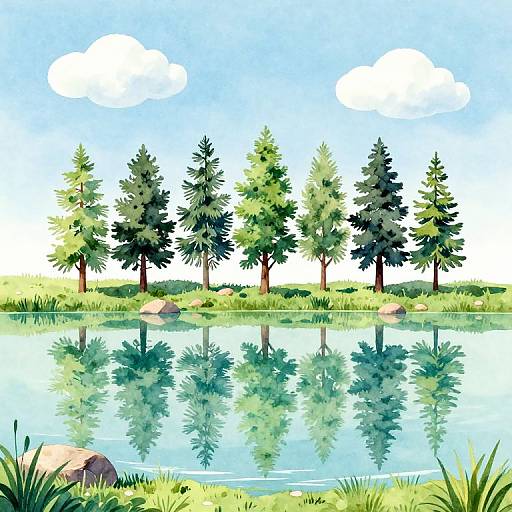 Serene Watercolor Lake Reflection