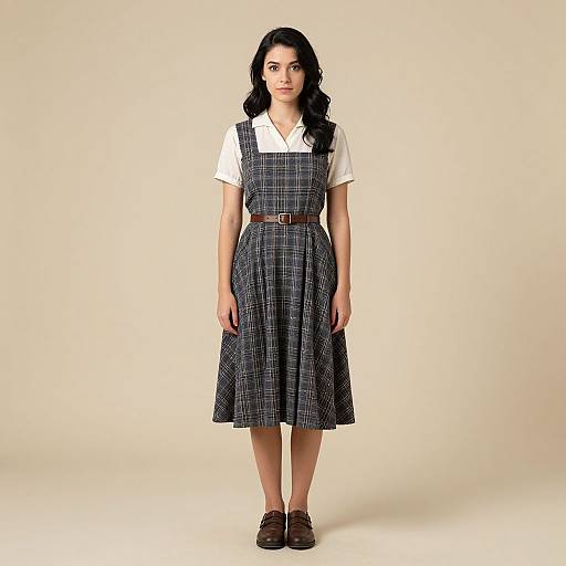 Photograph of a young woman with dark hair, wearing a white shirt under a black and white plaid pinafore dress, brown belt, and