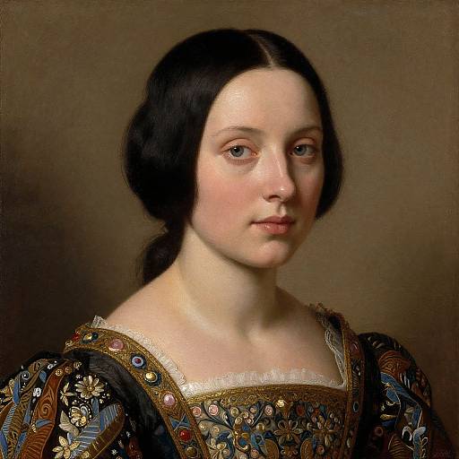 Portrait of a pale-skinned woman with dark hair, wearing an intricately embroidered Renaissance-style dress, against a muted brown background.