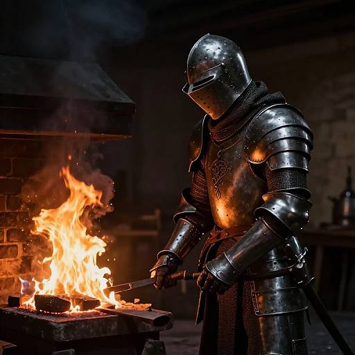 Photograph of a medieval knight in shiny, reflective armor, standing by a roaring fire in a dimly lit, stone-walled forge.