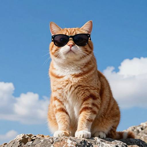 Photograph of an orange tabby cat with black sunglasses, sitting on a rock under a bright blue sky with white clouds.