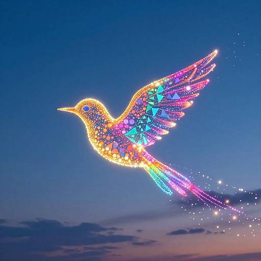 Brightly lit, multicolored bird sculpture with glowing wings and tail against a twilight sky, creating a magical, ethereal effect.