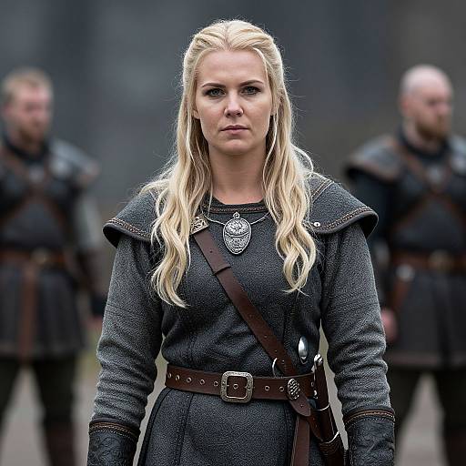 Photograph of a blonde woman with long hair, wearing a dark, medieval-style tunic with a brooch, and brown belt, standing confidently in