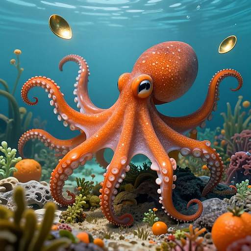 Vibrant photograph of an orange octopus with white spots, floating above a colorful underwater coral reef, surrounded by two small fish.