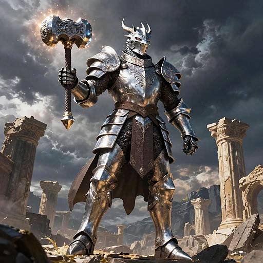 Photorealistic CGI of a towering, armored knight with a horned helmet, holding a glowing war hammer, standing in a ruined, cloudy sky-st