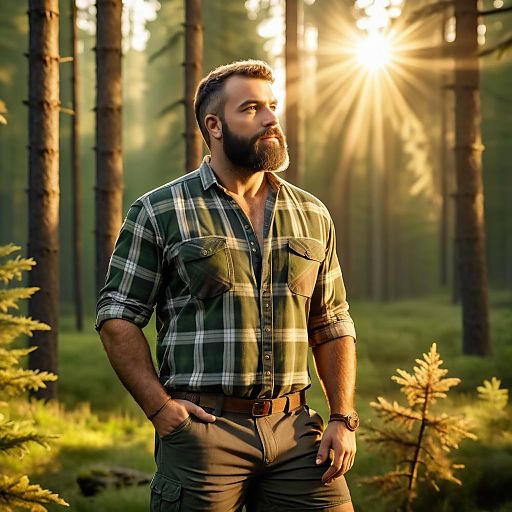 Rugged Man in a Vibrant Forest Sunset