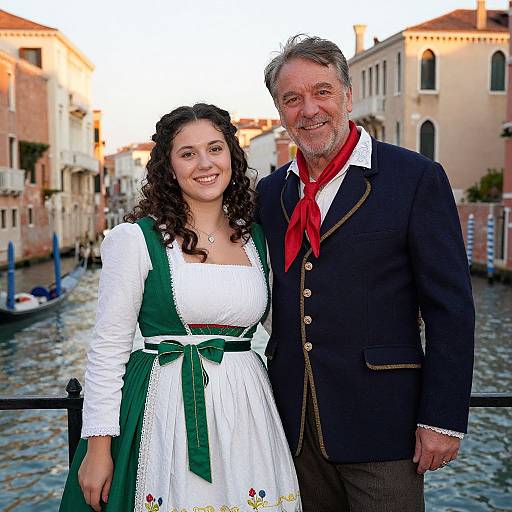 Photograph of smiling couple in traditional Bavarian and Italian costumes standing on cobblestone canal in Venice at sunset. Man in dark jacket, red scarf