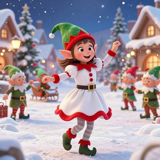Digital illustration of a cheerful Christmas elf girl in a white dress with red trim, green hat, and striped leggings, dancing in a snowy village with other