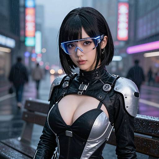 CGI image of an Asian woman with black bob, blue visor, black leather outfit with silver armor, large cleavage, standing in a rainy