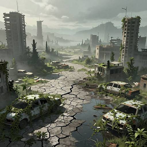 Photorealistic digital artwork of a post-apocalyptic cityscape with cracked, weed-covered roads, abandoned vehicles, and overgrown buildings under a cloudy sky