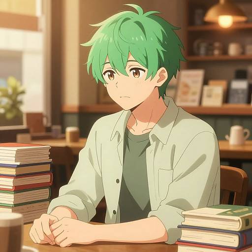 Anime-style digital drawing of a green-haired boy with brown eyes, wearing a white shirt and green t-shirt, sitting at a café table with stacked books