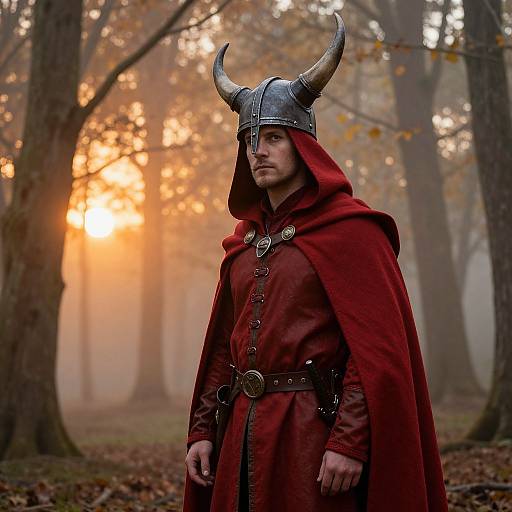 Photograph of a serious young man in a Viking helmet and red cloak, standing in a misty autumn forest with sunlight filtering through the trees.