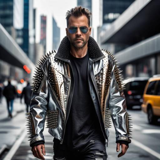 Rugged Man in Futuristic Cityscape