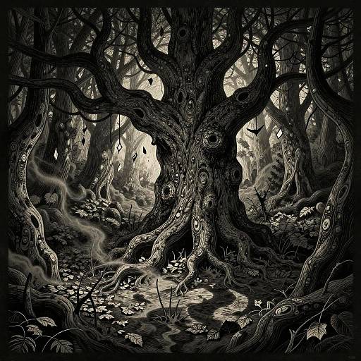 Dark Fairy Tale Woodcut Scene