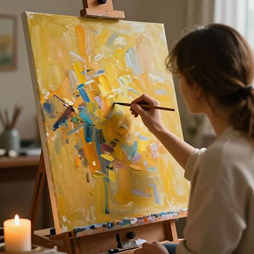 Photograph of a woman with brown hair painting abstract art on a canvas with yellow and blue brushstrokes, holding a brush, near a lit candle