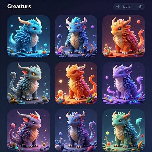 Digital illustration of nine colorful, fantasy dragon-like creatures in a grid, each with unique scales and hues, set against a dark, starry background.
