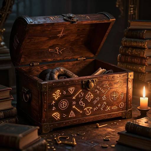 Photograph of an illuminated, wooden magical chest with runes and symbols, open with a copper pipe inside, surrounded by candles, books, and scattered items