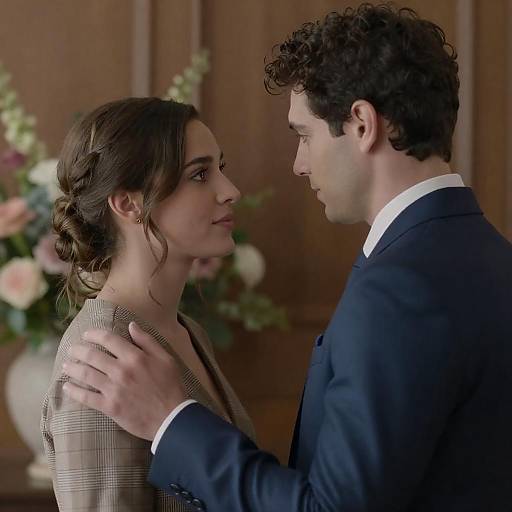 Photograph of a brown-haired woman in a plaid blazer being gently touched by a curly-haired man in a dark suit, gazing into each