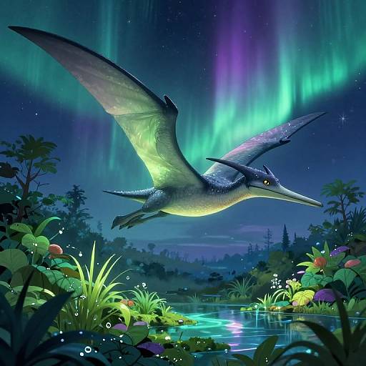 Digital artwork: A glowing, dragon-like creature with large wings soars over a luminous, aurora-lit lake surrounded by vibrant, biolum