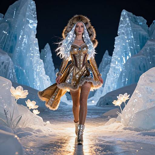 Photograph of a model in an icy fantasy runway show, wearing a gold, fur-trimmed, glowing ice queen dress, with long silver hair