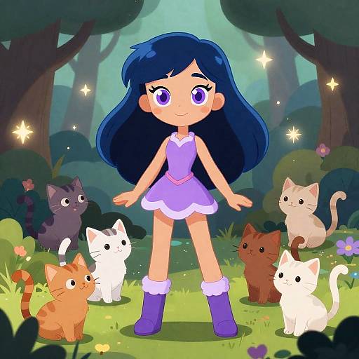 Winx-Inspired Midnight-Blue Haired Girl with Kittens