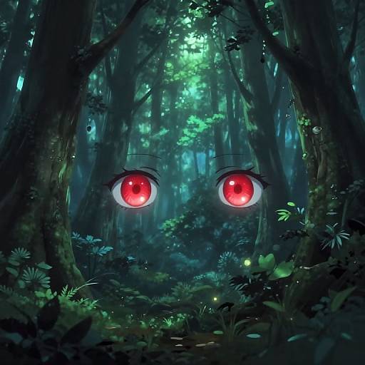 Digital art of a dark, mystical forest with glowing red eyes emerging from the dense foliage, illuminated by soft, blue-green light.