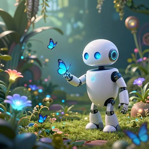 CGI image of a white, round robot with blue eyes, standing in a vibrant, enchanted forest, gently holding a glowing blue butterfly amidst colorful flowers