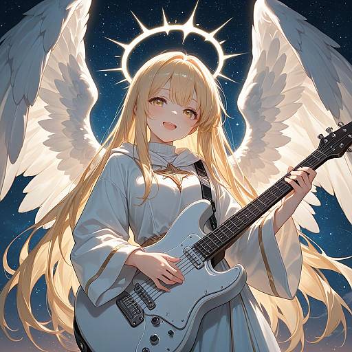 Angel Playing Electric Guitar Under Starry Sky