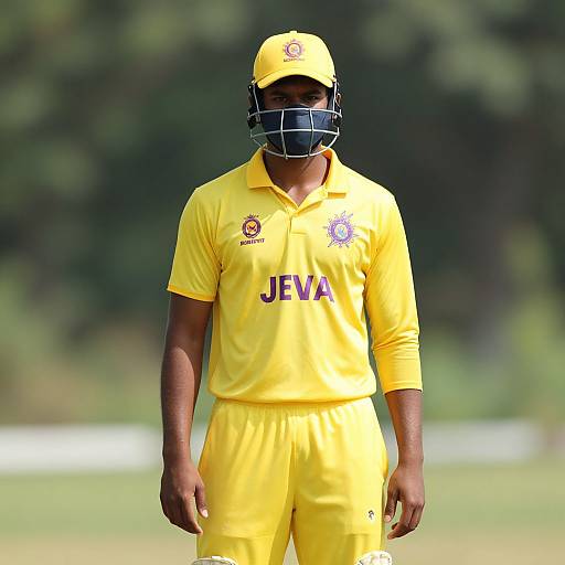 Photograph of a male cricket player wearing a yellow jersey and pants, black helmet, standing on a grassy field. 