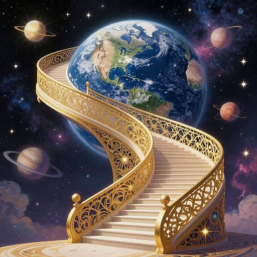 Digital artwork: Golden, ornate spiral staircase leading to a vividly detailed Earth in space, surrounded by planets and stars.