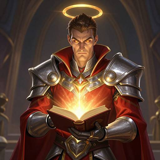Digital artwork of a serious, armored, demon-like man with a halo, glowing book, and fiery pages, standing in a dark, gothic cathedral