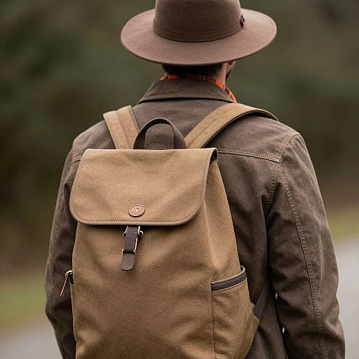 Photograph of a person from behind, wearing a brown hat, dark jacket, and tan backpack with a leather strap and button. Blurred green forest