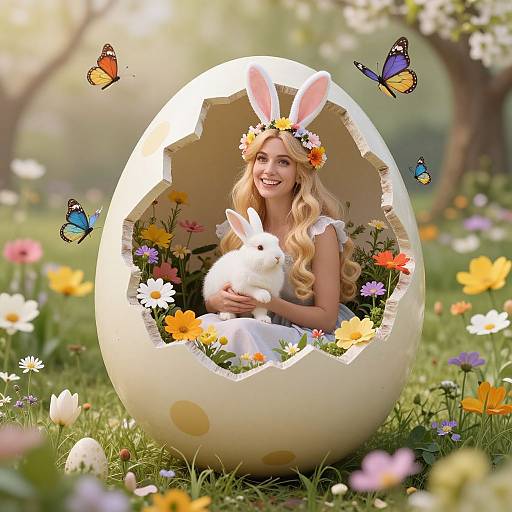 Blonde woman with flower crown and white dress, holding a bunny, inside a cracked egg, surrounded by butterflies and colorful flowers.
