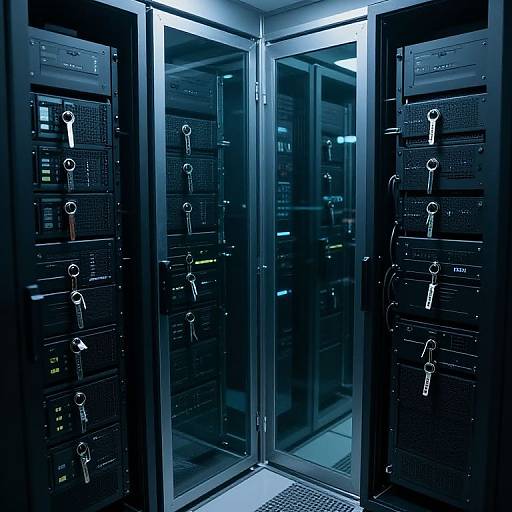 Photograph of three black server racks with glass doors, each rack filled with key slots on front panels, illuminated by blue lighting.