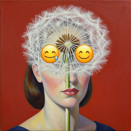 Digital art of a woman with a dandelion as a face, featuring two smiling orange emoji eyes against a red background.