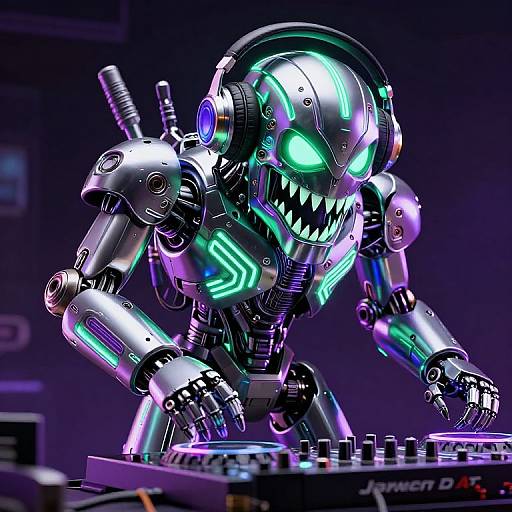 Neon-lit, cyberpunk DJ robot with glowing green eyes and sharp teeth, mixing music on a DJ console, background dark with subtle tech details
