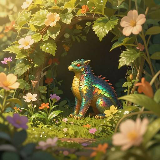 Digital artwork of a vibrant, multicolored, scaly dragon amidst a sunlit, lush garden, surrounded by blooming flowers and greenery.