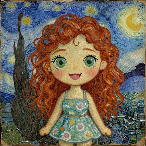 Digital artwork of a cute, wide-eyed girl with curly red hair, wearing a blue floral dress, set against a vibrant Starry Night-style background.